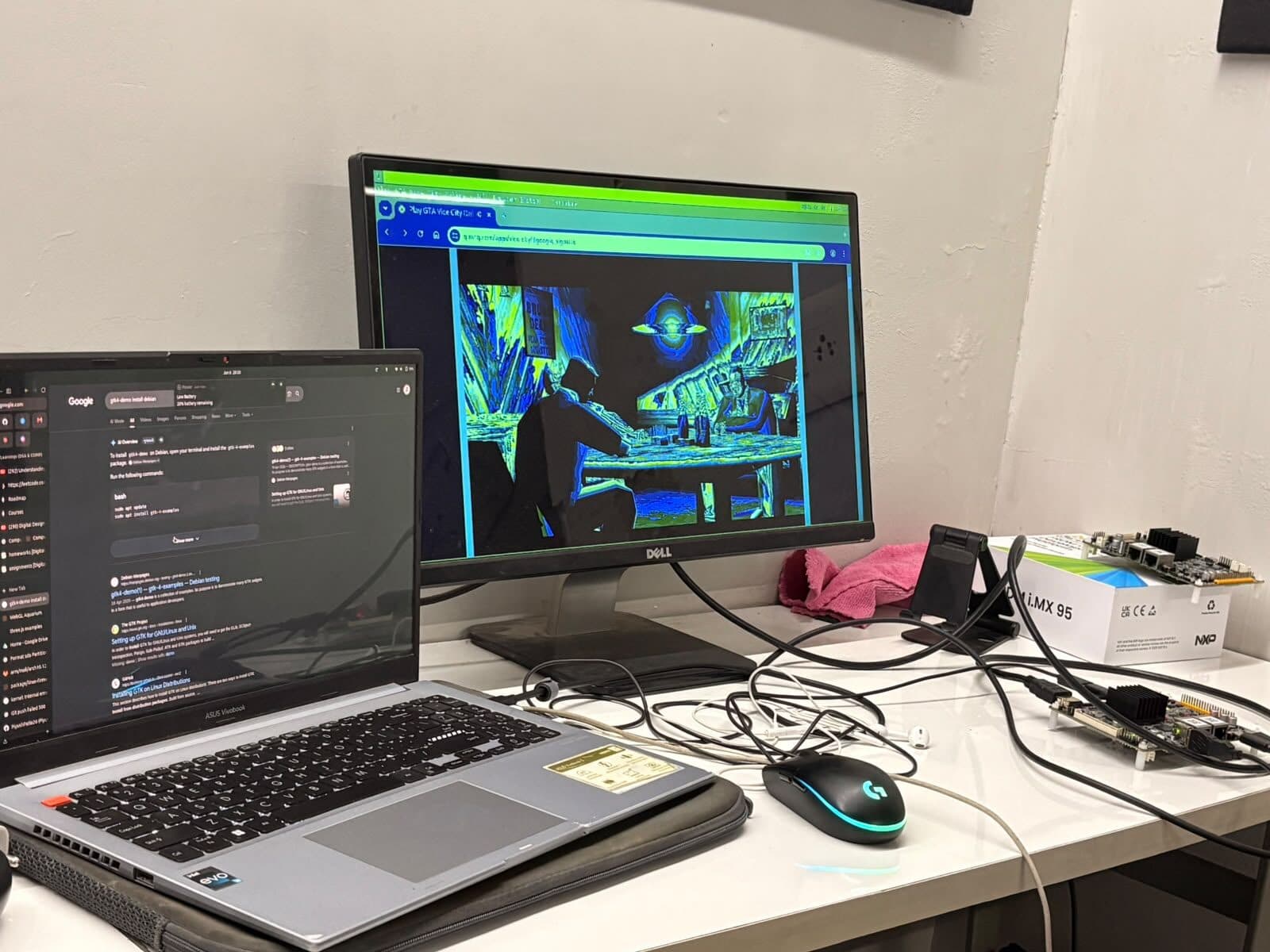 An NXP i.MX 95 evaluation board wired to a monitor showing a video frame with its colour channels wrong — greens and blues where the image should be natural.