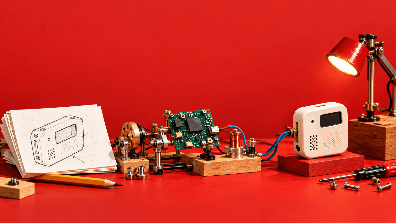 An illustrative workshop machine linking a sketch, a circuit board and a finished enclosure